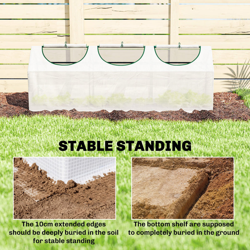Greenhouse on grass with insets showing the 10 cm extended edge buried in soil for stable standing