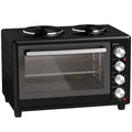 Homcom 46L mini oven in black with two hotplates on top and four control knobs, front angled studio view