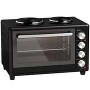 Homcom 46L mini oven in black with two hotplates on top and four control knobs, front angled studio view