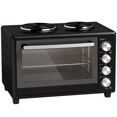 Homcom 46L mini oven in black with two hotplates on top and four control knobs, front angled studio view