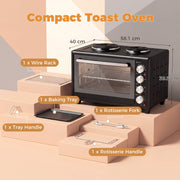 Dimensions diagram for the 46L mini oven showing 58.1 cm width, 40 cm depth and 39.5 cm height with the included wire rack, baking tray, tray handle and rotisserie parts