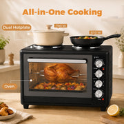 Feature graphic showing the 790 W and 610 W hotplates in use above a whole chicken roasting on the rotisserie spit