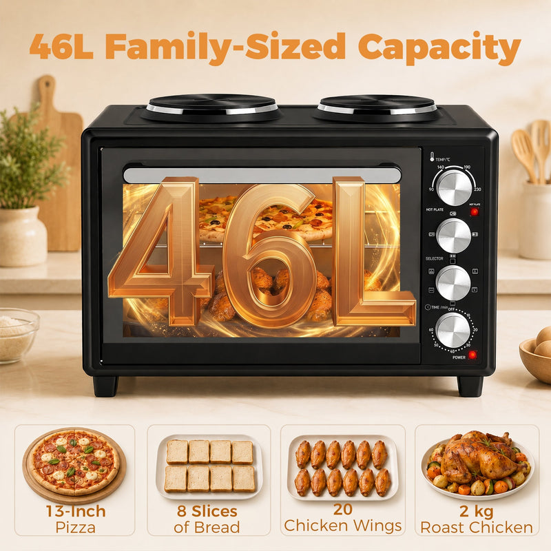 Capacity graphic showing the 46 litre cavity fits a 13-inch pizza, 8 slices of bread, 20 chicken wings or a 2 kg roast chicken