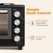 Close-up of the 46L mini oven control panel showing the 90 to 230 degree temperature dial and 0 to 60 minute timer