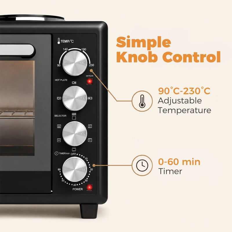 Close-up of the 46L mini oven control panel showing the 90 to 230 degree temperature dial and 0 to 60 minute timer