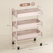 3 Tier Rolling Storage Trolley With Mesh Baskets For Kitchen Or Bathroom Use Light Pink