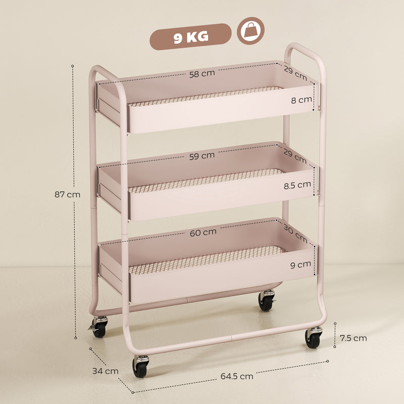 3 Tier Rolling Storage Trolley With Mesh Baskets For Kitchen Or Bathroom Use Light Pink