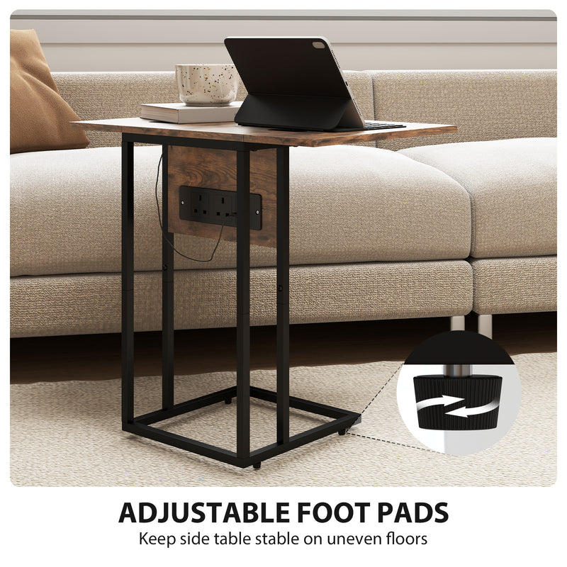 C Shaped Side Table with Foldable Top and USB Charging Station Ideal for Small Spaces Rustic Brown