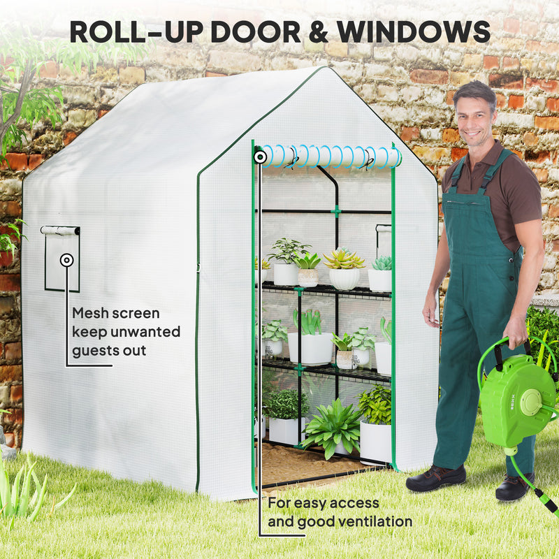 Mini Walk In Greenhouse 143 x 140cm with Shelves and Cover White by Outsunny