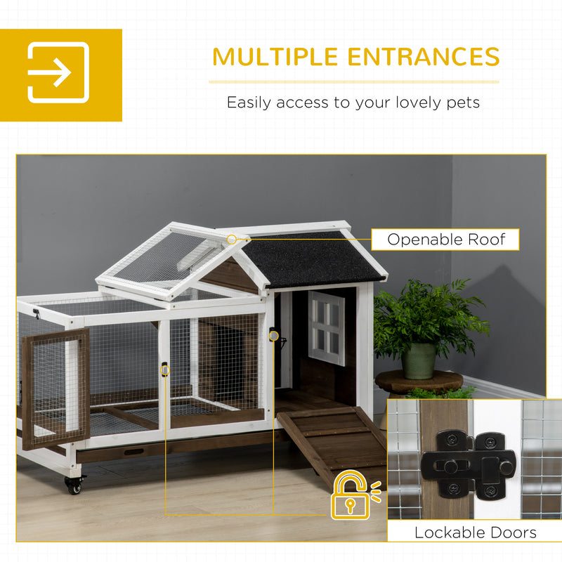 Wooden Rabbit Hutch with Removable Tray and Wheels for Outdoor or Indoor Use Brown