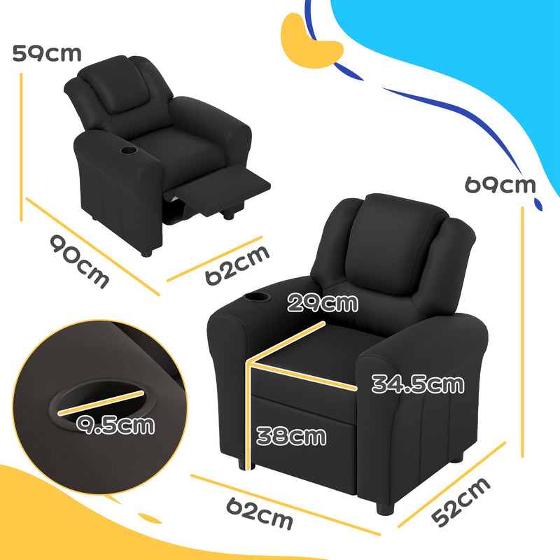 Black Kids Recliner Chair with Adjustable Backrest Footrest and PU Leather by Homcom