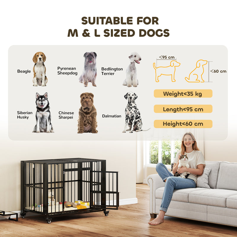 Heavy Duty Foldable Dog Crate With Wheels Open Top and Tray for Large Dogs, Black