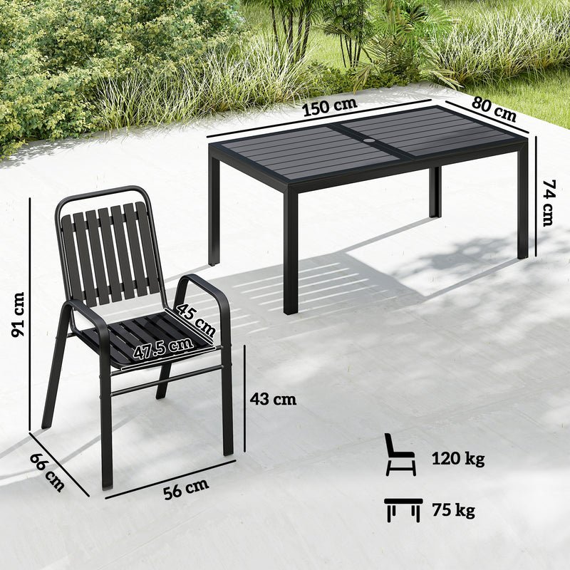 Outdoor Dining Set for 6 with Stackable Chairs and Easy Clean Table With Umbrella Hole, Black