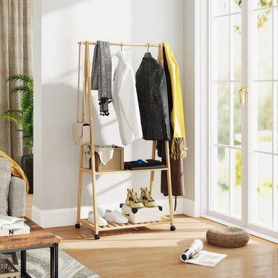 Natural Bamboo Clothes Rack with Shelves and Hooks for Storage by HOMCOM