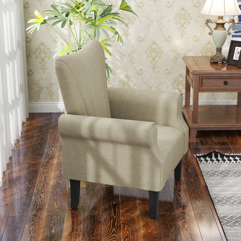 High Back Upholstered Accent Armchair with Rolled Arms and Wood Legs for Lounge, Beige