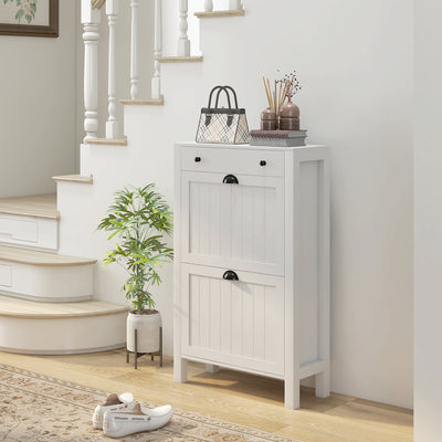 Slim Shoe Storage Cabinet with 2 Flip Drawers and Adjustable Shelves for Hallway, White