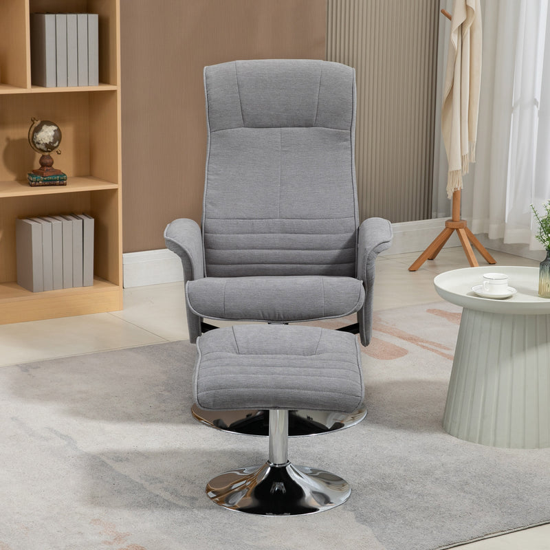 Grey Velvet Swivel Recliner Armchair With Footstool For Living Room Or Office Use