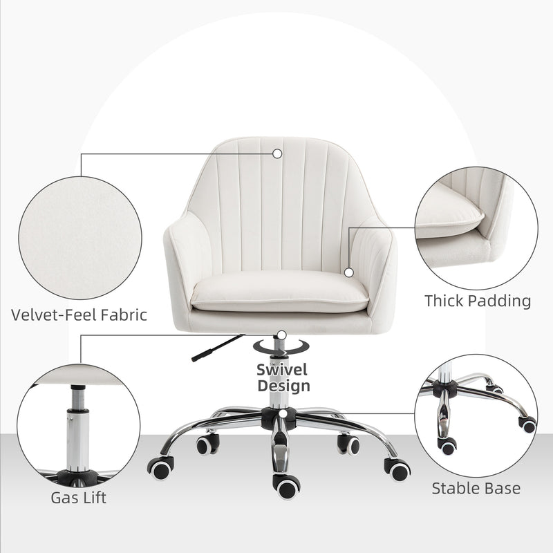 White Velvet Feel Swivel Office Chair with Adjustable Height and Wheels for Home Desk