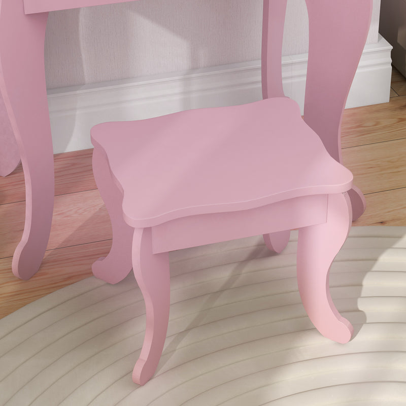 Kids Dressing Table Set with Tri Folding Mirror Drawer and Stool for Bedrooms Pink