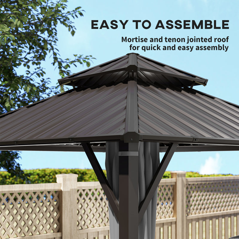 3x3m Metal Roof Garden Gazebo with Privacy Curtains and Mesh Sides for Year Round Shelter Grey