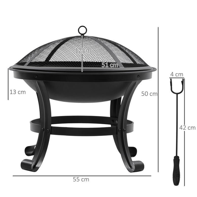 Outsunny Outdoor Fire Pit, Firepit with Mesh Lid, Poker, for Camping, Bonfire, Picnic, Black AOSOM