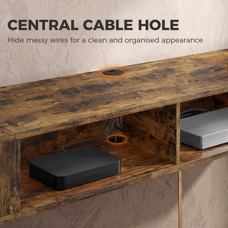 Floating Wall Mounted TV Unit with LED Lights, Storage, Cable Management for Tidy Living Room, Rustic Brown