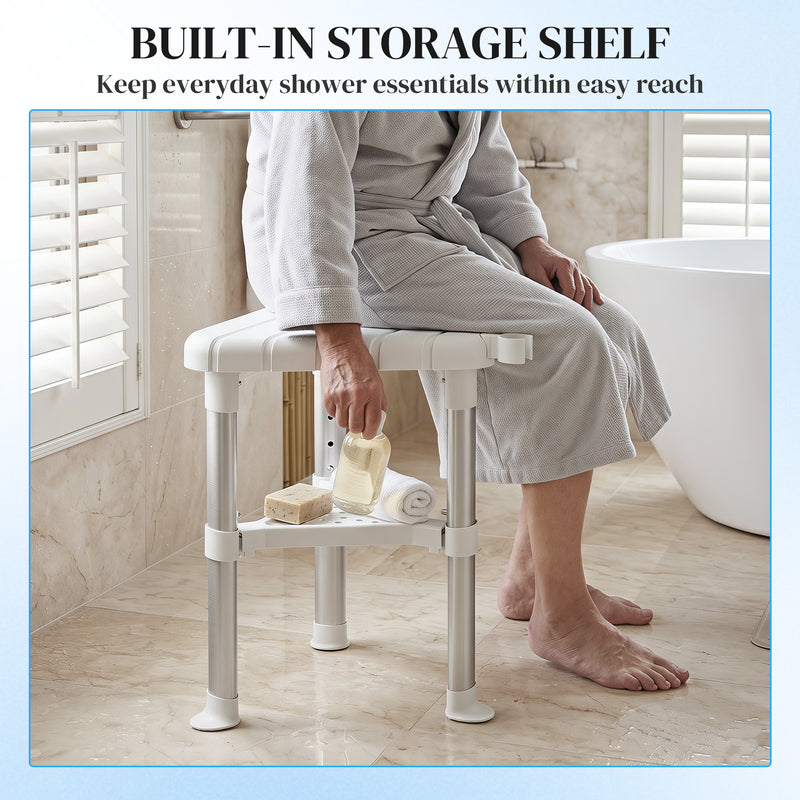 Corner Shower Stool with Adjustable Height and Storage Shelf for Compact Bathrooms White