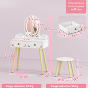 Kids Vanity Table and Chair Set with LED Mirror and Storage for Ages 3 and Up White AOSOM