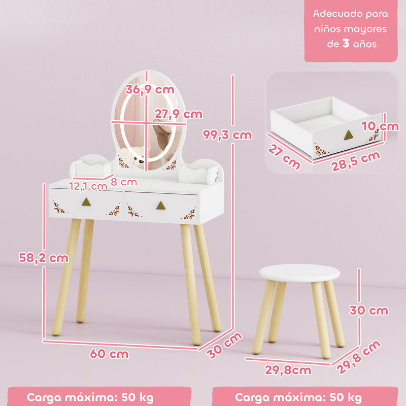 Kids Vanity Table and Chair Set with LED Mirror and Storage for Ages 3 and Up White AOSOM