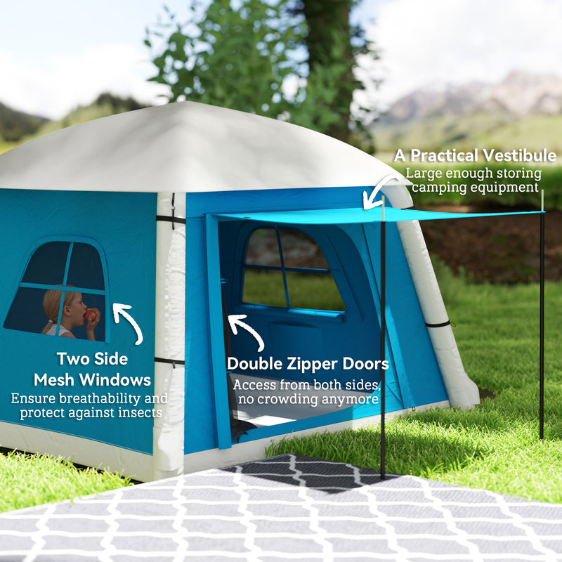 Inflatable 2 Person Camping Tent Quick Pitch Waterproof Shelter with Mesh Windows Light Blue