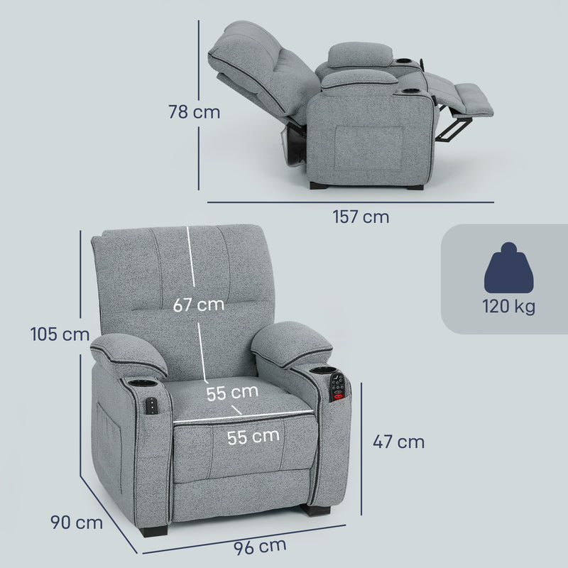 Electric Recliner Massage Armchair with Heat USB Port and Cup Holders for Lounge Grey AOSOM