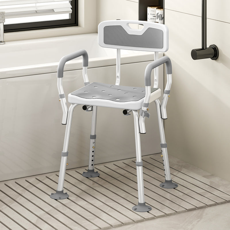 Height Adjustable Shower Chair with Backrest and Armrests for Elderly and Disabled, Light Grey