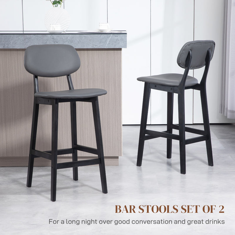 Set of 2 Faux Leather Bar Stools with Backs Solid Wood Legs for Kitchen Dark Grey