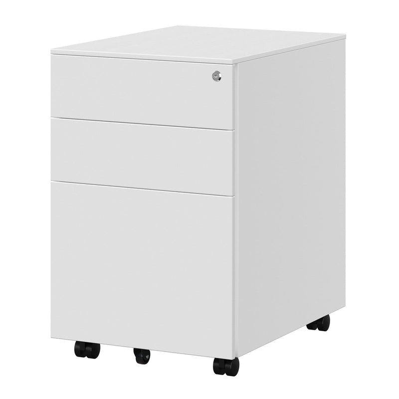 Mobile file cabinet with lock and wheels, front view, white, by Songmics