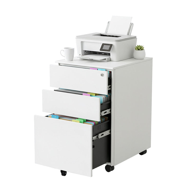 Mobile file cabinet with open drawer showing hanging file rails