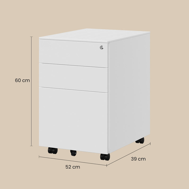 Close-up of file cabinet lock and castor wheels