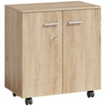 Natural wood mobile sideboard cabinet with 2 doors and 4 castors on a white background