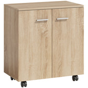 Natural wood mobile sideboard cabinet with 2 doors and 4 castors on a white background