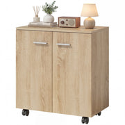 Natural wood sideboard on castors with a lamp, plant and radio on top