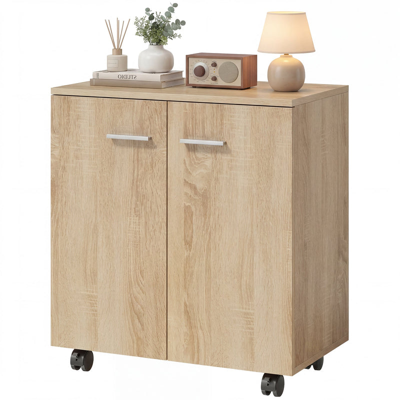 Natural wood sideboard on castors with a lamp, plant and radio on top