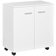 White mobile sideboard cabinet with 2 doors and 4 castors on a white background