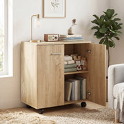 Natural wood sideboard with one door open showing books and a shelf beside a sofa