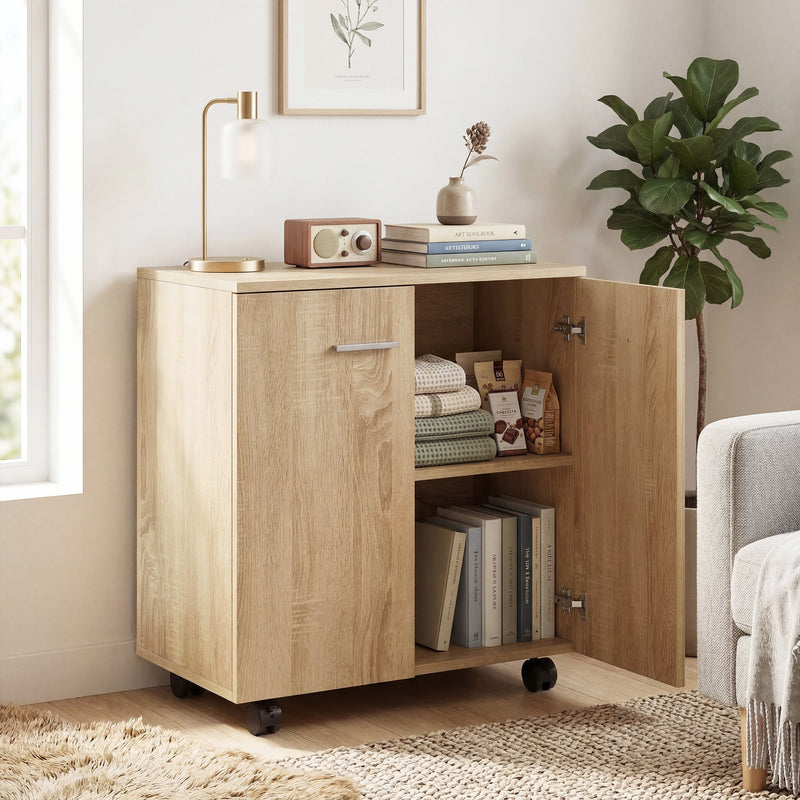 Natural wood sideboard with one door open showing books and a shelf beside a sofa