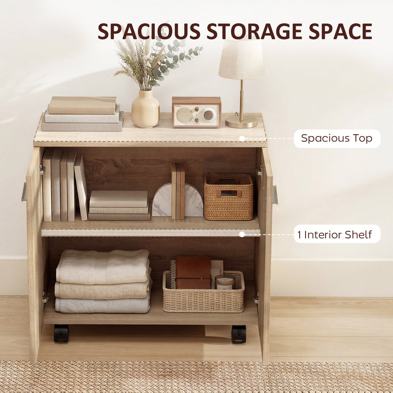 Natural wood sideboard with doors open showing the spacious top and 1 interior shelf holding towels and baskets