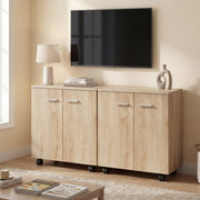 Two Natural wood sideboards placed side by side under a wall-mounted television