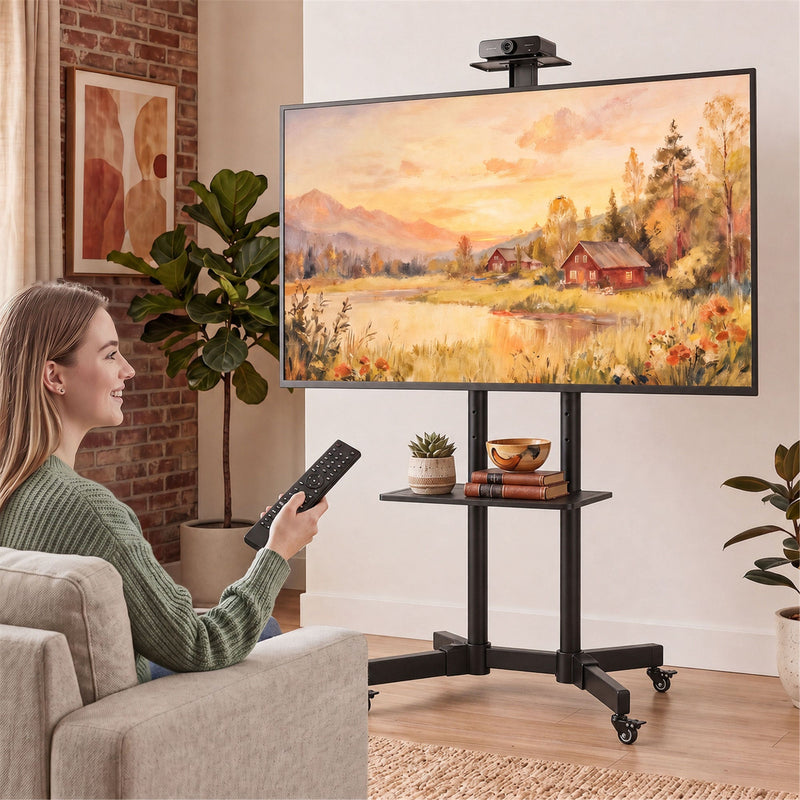 Dimensions diagram for the Homcom mobile TV stand showing 120 to 187.5 cm height range and VESA patterns up to 400x600 mm