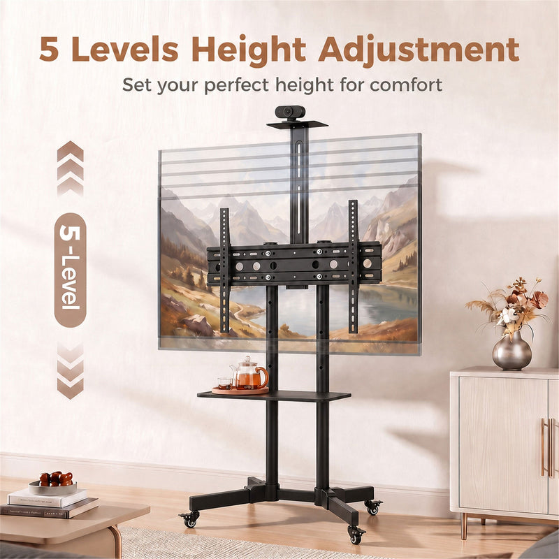Tilt adjustment feature panel showing the TV screen angled up to 15 degrees either way