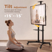 Smooth rolling design panel showing a person rolling the TV stand across a wood floor