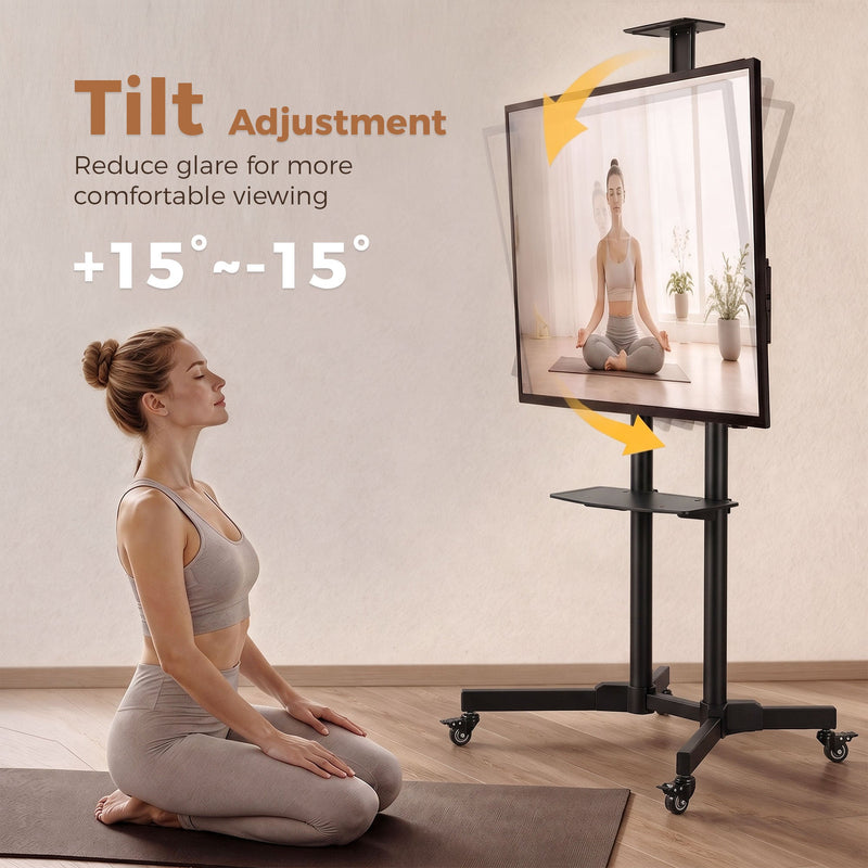 Smooth rolling design panel showing a person rolling the TV stand across a wood floor
