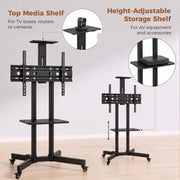 Feature panel showing the top media shelf for a camera and the height-adjustable storage shelf for AV equipment